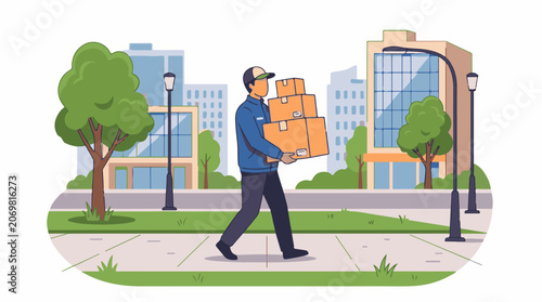 A delivery man carries boxes on a sidewalk