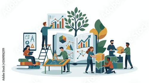 A diverse group of people collaborating on a project with graphs charts and plants