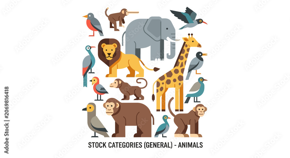 Fototapeta premium Variety of colorful wild animals.