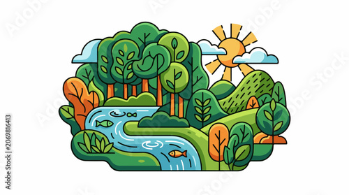 A serene cartoon landscape with a river trees and a sun