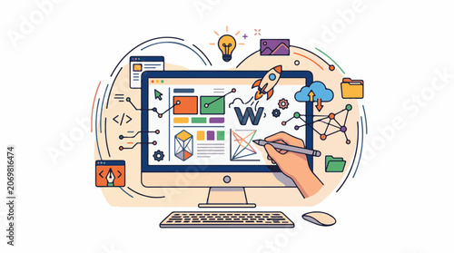 A colorful illustration of a hand holding a stylus interacting with a computer monitor displaying a website design