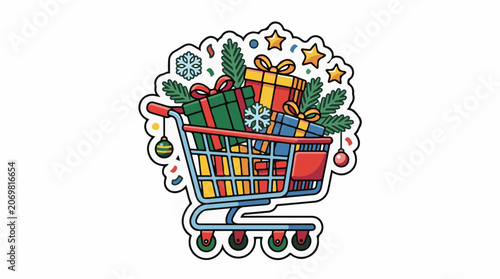 A colorful illustration of a shopping cart filled with gifts and festive decorations