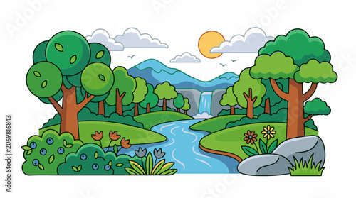 A serene cartoon landscape featuring a river flowing through a forest with trees