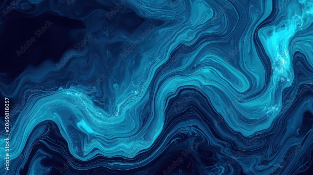 Fototapeta premium Abstract blue background, swirling liquid texture, dark blue waves, modern design element