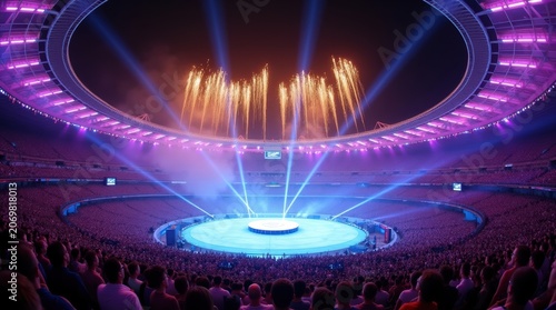 Spectacular concert stage, bright lights, fireworks display, vibrant event
