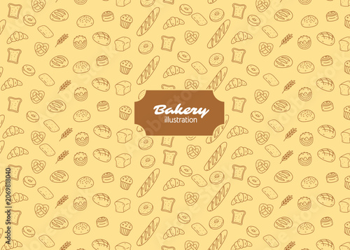 Seamless bakery. Brown line art. Illustration pattern with cream background. Food packaging, menu illustration. Hand drawn print ads, food business, bakery shop