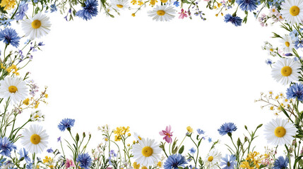 Beautiful spring flowers frame with yellow daisies and camomile blossoms on a natural floral border vector design