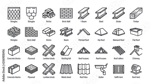 Foto Building materials and roofing components line icons set