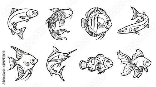 Diverse fish species collection in minimalist black line art style