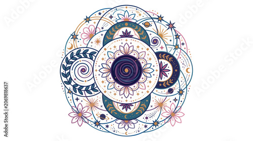 Mystical celestial mandala with moon stars and lotus flowers