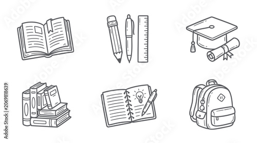 Education icons featuring books stationery graduation cap and backpack