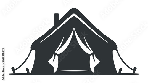 House shaped camping tent silhouette with open draped curtains