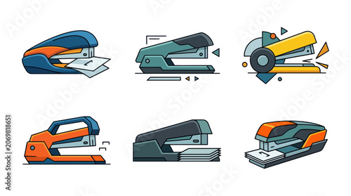 Fotografie Colorful office stapler set for paper binding and desk organization