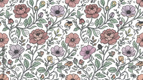 Hand drawn floral pattern with pink peonies and purple anemones