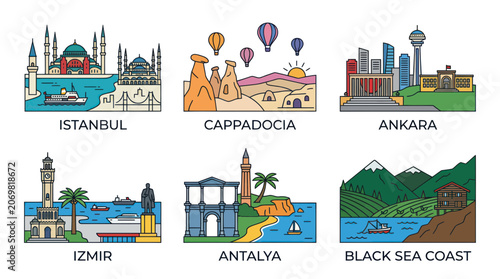 Iconic turkish city landmarks and scenic regional landscapes set