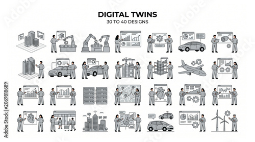 Cuadro en lienzo Digital twins technology concept collection isometric industrial vector illustra