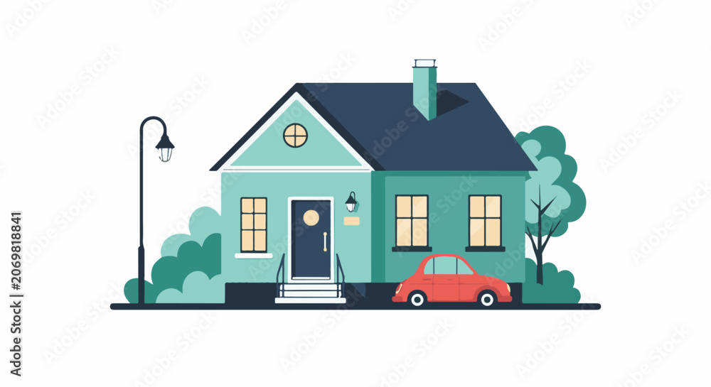 Fototapeta premium A simple teal house with a dark roof and a red car parked in front