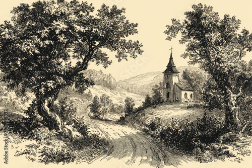 Vintage Blue Ink Landscape Illustration with Rural Church. AI generative.