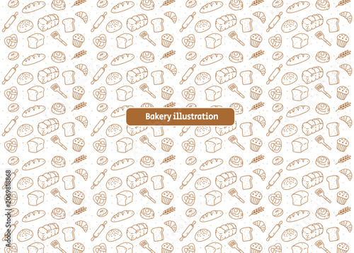 Seamless bakery. Brown line art. Illustration pattern with white background. Food packaging, menu illustration. Hand drawn print ads, food business, bakery shop