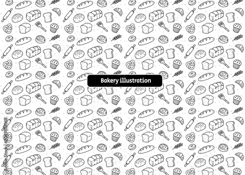 Seamless bakery. Black line art. Illustration pattern with white background. Food packaging, menu illustration. Hand drawn print ads, food business, bakery shop