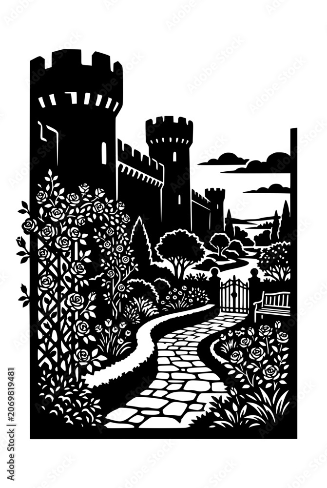 Naklejka premium Medieval Castle with Enchanted Rose Garden Silhouette Illustration