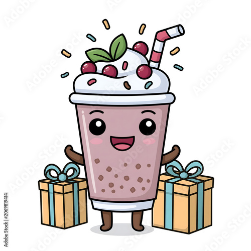Delightful Cartoon Milkshake Character Surrounded by Festive Gifts – Perfect for Celebrations and Joyful Moments!