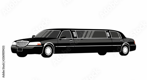 A sleek, black limousine with tinted windows and silver accents on a white background