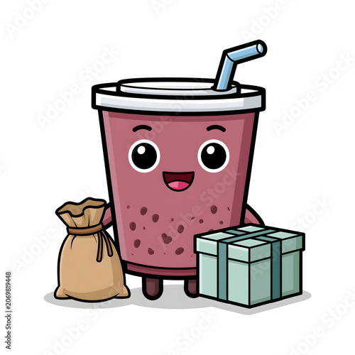 Delightful Cartoon Beverage Character Holding a Gift: A Cheerful and Playful Drink Illustration Perfect for Parties and Festive Celebrations, Bringing Joy to Every Occasion