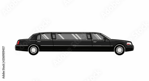 A sleek black limousine with tinted windows and silver trim