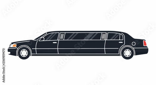 A sleek black limousine with tinted windows and white outlines