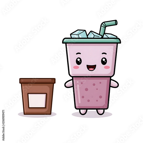 Delightful Cartoon Drink Character with Ice and Straw – A Fun Representation of Refreshing Beverages Perfect for Whimsical Illustrations and Creative Design in Food Art.