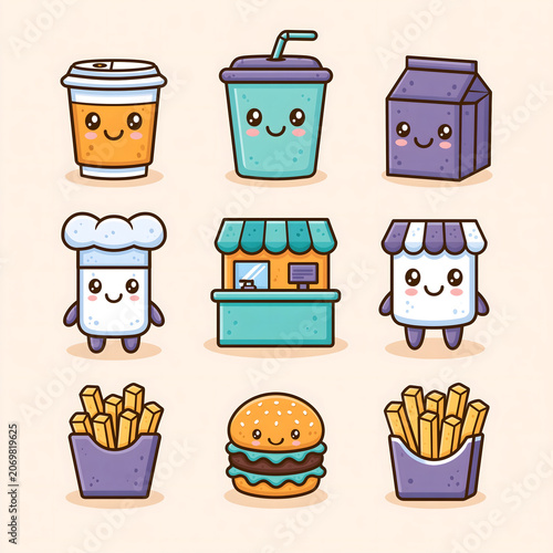 Delightful Fast Food Characters: A Playful Collection of Cartoon Beverages, Burgers, and Fries That Embody the Joy of Eating and Dining Experience.