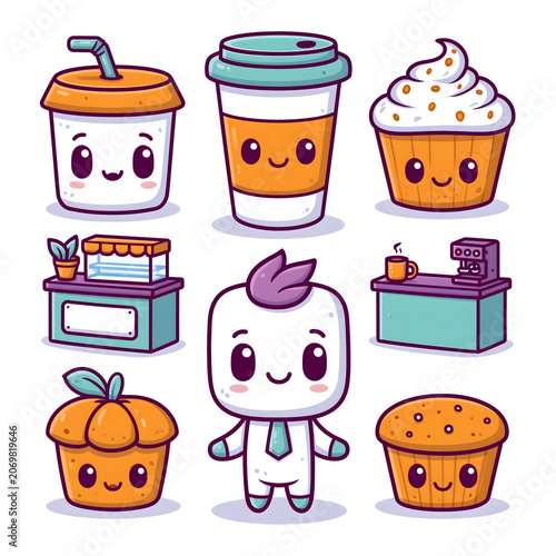Delightful Food Characters: A Playful Collection of Cute Desserts, Drinks, and Whimsical Characters in a Vibrant and Colorful Illustration for Food Lovers and Cafes.