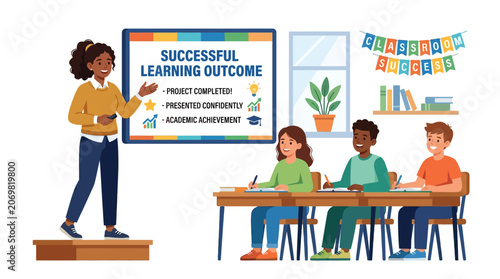 Teacher presenting successful learning outcomes in classroom setting