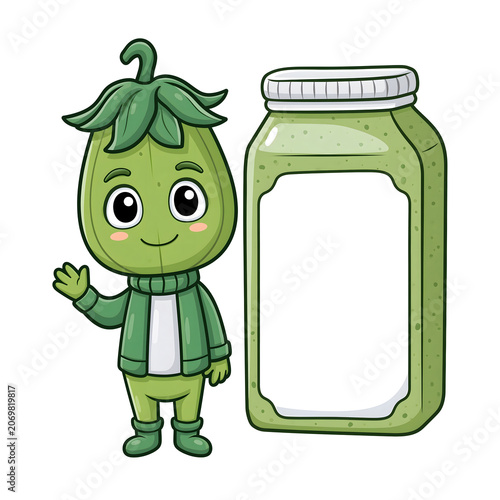 Delightful Cartoon Character for Health Drinks: A Playful Green Vegetable Jar Mascot Smiling Next to a Wholesome Smoothie Bottle, Perfect for Kids' Nutrition and Wellness Promotions