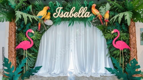 Tropical party backdrop, pink flamingos, green leaves, Isabella name sign, colorful decorations