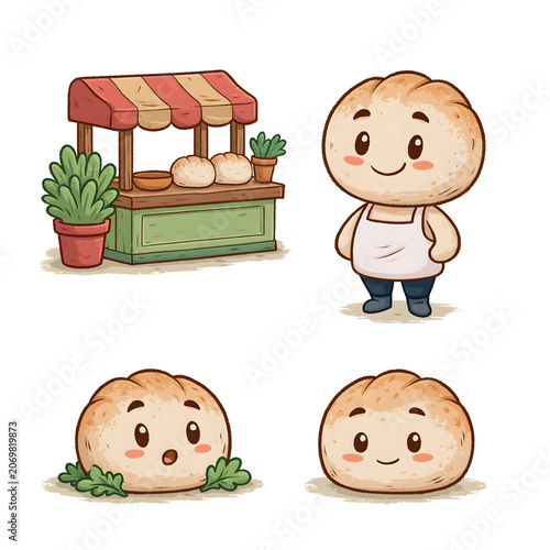 Whimsical Bakery Character and Bread Stand: A Charming Illustration of Food Culture and Joy in Animated Form
