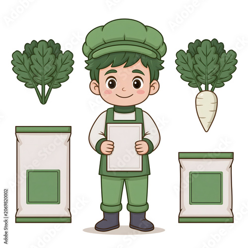 Wholesome Illustration of a Young Gardener Holding a Vegetable Seed Packet Surrounded by Fresh Greens and Radishes, Promoting Healthy Eating and Gardening Culture