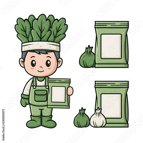 Delightful Cartoon Chef Character with Vegetable Greens, Perfect for Illustrating Fresh Foods and Healthy Living in Engaging Culinary Designs.