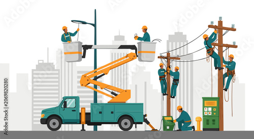Tableau sur toile Electrician linemen repairing power grids and street light with bucket truck, in