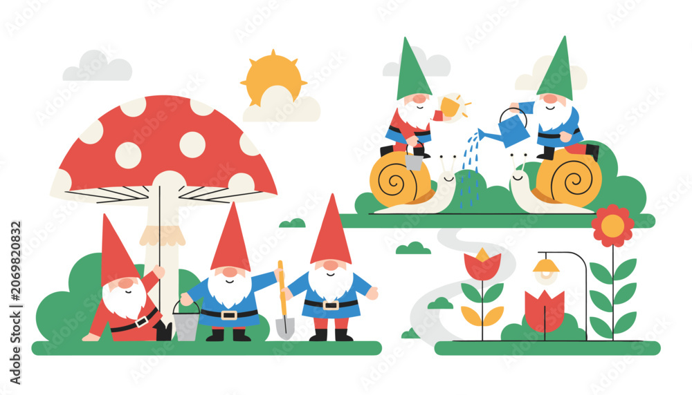Fototapeta premium Whimsical scene of several cute garden gnomes playing with snails and tending to flowers under a large mushroom.