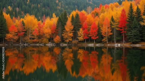 Autumn forest, colorful trees, lake reflection, fall foliage, nature landscape