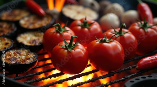 Fresh red tomatoes and vegetables grilling on a hot barbecue charcoal fire outdoors