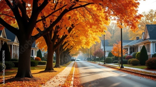 Autumn street, fall foliage, suburban road, orange trees