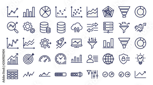 Collection of business and data analytics icons including charts graphs and progress indicators PNG Isolated on transparent background