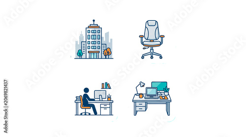 Office workspace illustration set with building, chair, person at desk, and modern desk setup PNG Isolated on transparent background