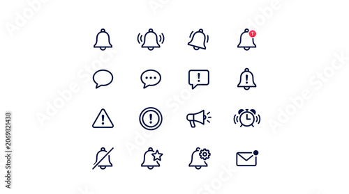 Collection of notification icons including bells, speech bubbles, alerts, megaphone, alarm clock, and envelope for digital interfaces PNG Isolated on transparent background
