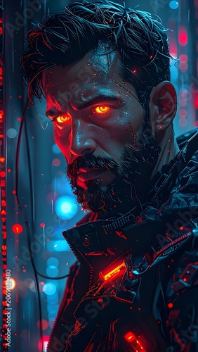 A stern, intense-eyed man with fiery orange eyes gazes downward against a backdrop of blurry neon light streaks. His beard is dark