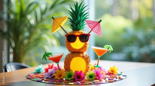 Pineapple character, tropical party, colorful cocktails, summer fun