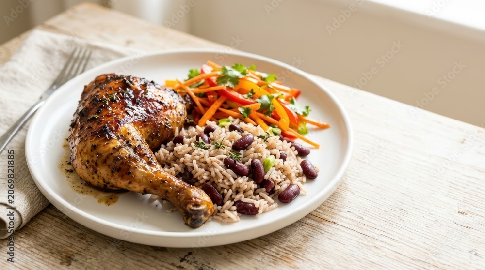 Fototapeta premium Savory Roasted Chicken with Rice and Beans and Fresh Vegetable Salad on a White Plate